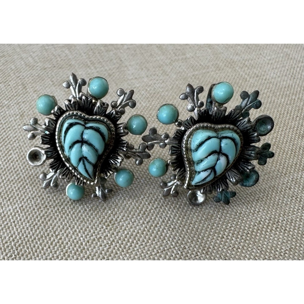 Vintage Turquoise Faux Stone Screwback Earrings Silver Tone Southwestern
